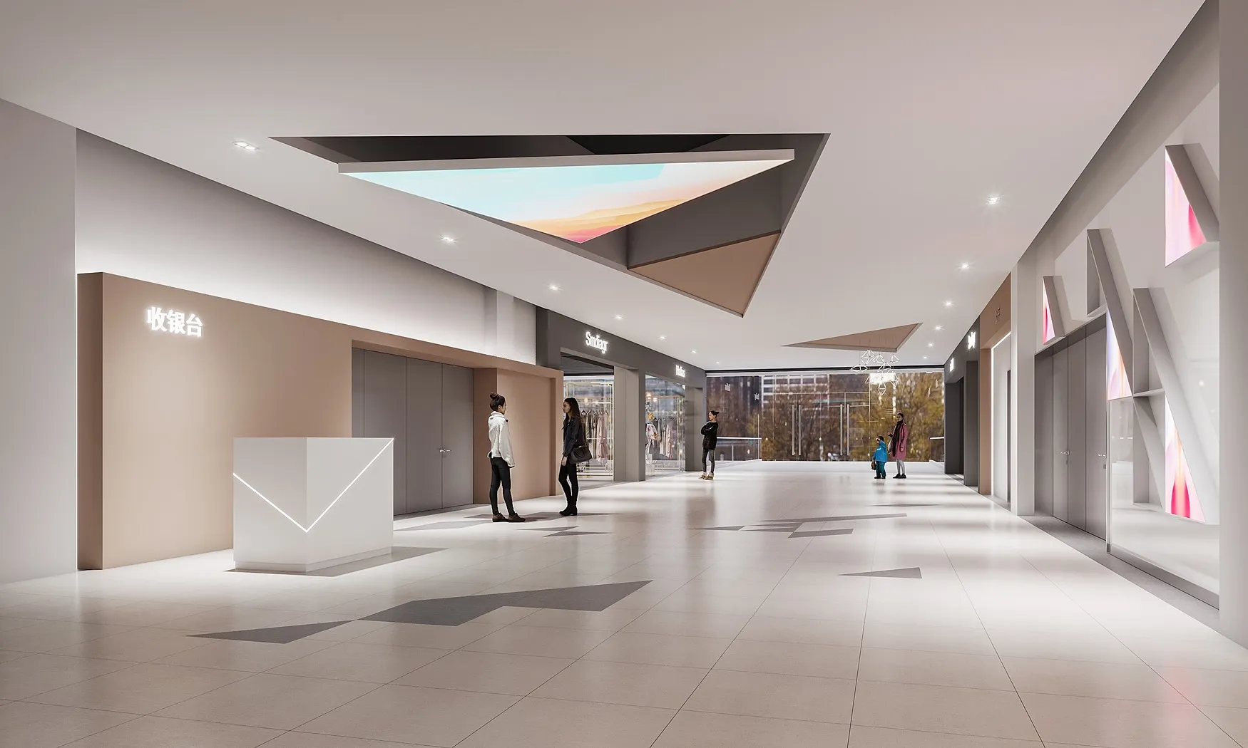 White retail atrium of Mango Plaza with sculptural ceiling feature